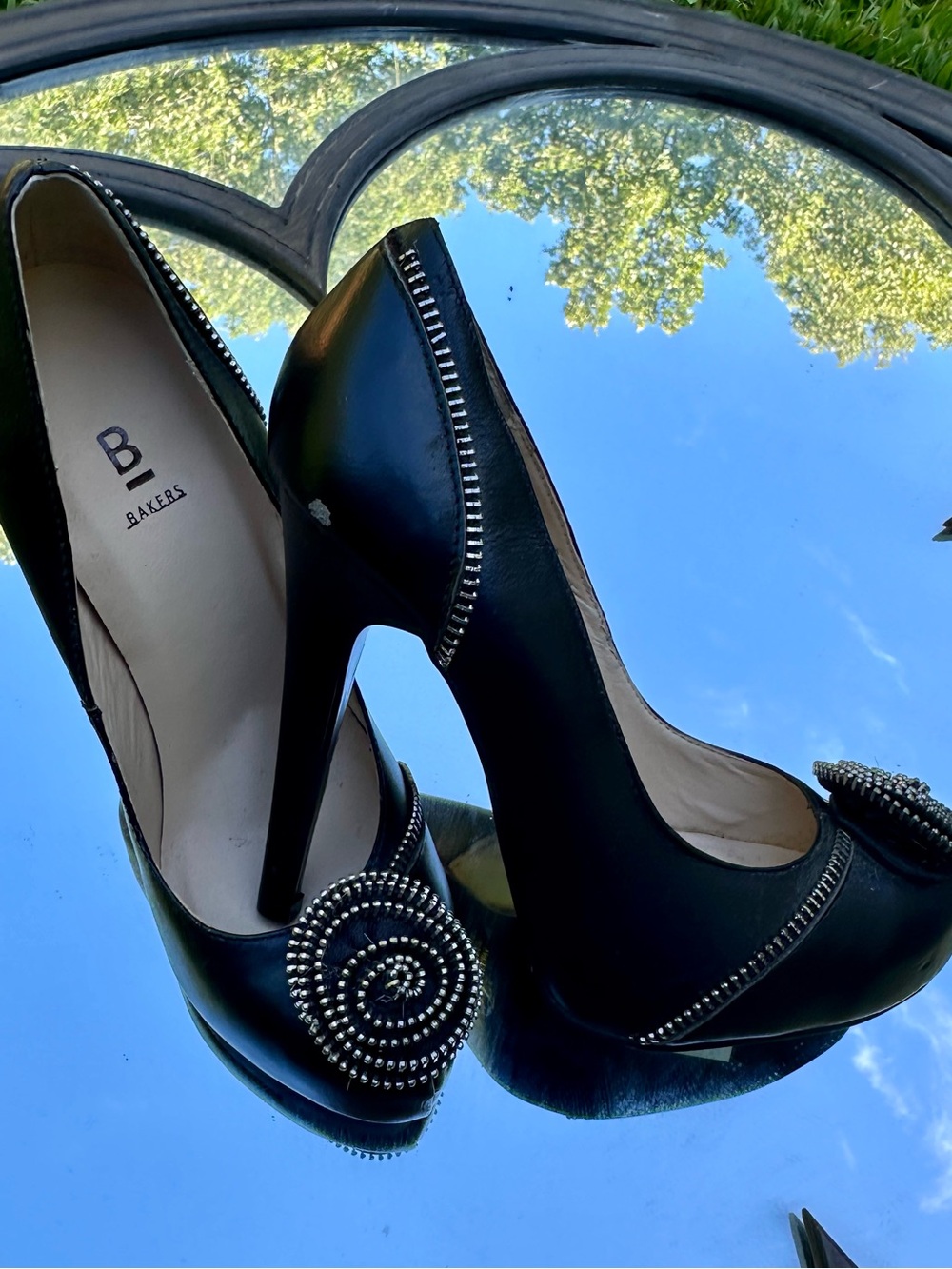 Bakers Black Peep-Toe High Heels with Beaded Rosette